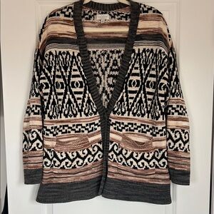 Lucky Brand Black and Cream Aztec Patterned Cardigan
